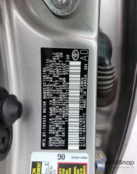 2014 Toyota Corolla L из США, поврежденный, VIN 2T1BURHEXEC151278